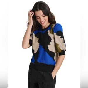 DKNY Abstract Knit Sweater | Puff Sleeve Graphic Print Top | Size Small